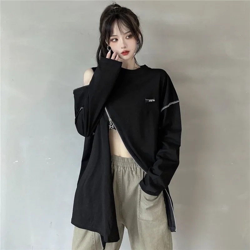 Zipper Slit Patchwork Hip Hop Fashion Harajuku Loose Streetwear TeeWomen T-shirt O-neck Long Sleeve Sexy Strapless Asymmetrical