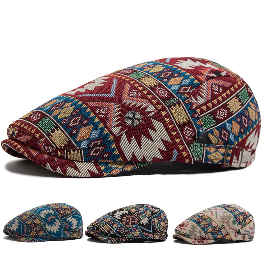 

New Ins Ethnic Jacquard Beret Hat Vintage Literary Peaked Cap Fashion Spring Summer Casual Streetwear Headwear for Women
