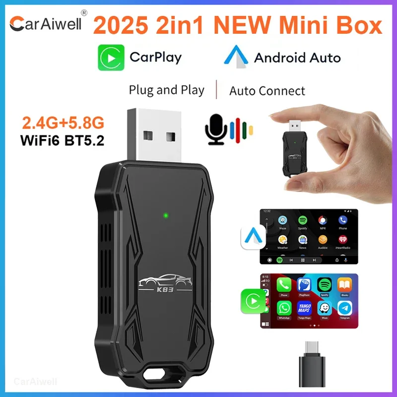 

2025 New 2 in1 Carplay & Android Auto Smart Dongle 5G WIFI Fast Connect Wireless Adapter With Voice Assistant For 99% Cars