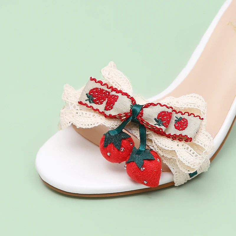 Summer Sweet Strawberry Flower Sandals Sweet Girl Ankle Strap Open Toe Lace Bowknot Shoes Chunky Square Heel Daily Wear Pumps