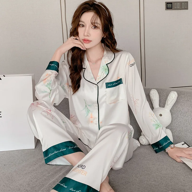 Pajamas Women's 2024 New Spring and Summer Ice Silk Jacquard Silk Long Sleeve Home Clothes suit Spring and Autumn Thin M-2XL