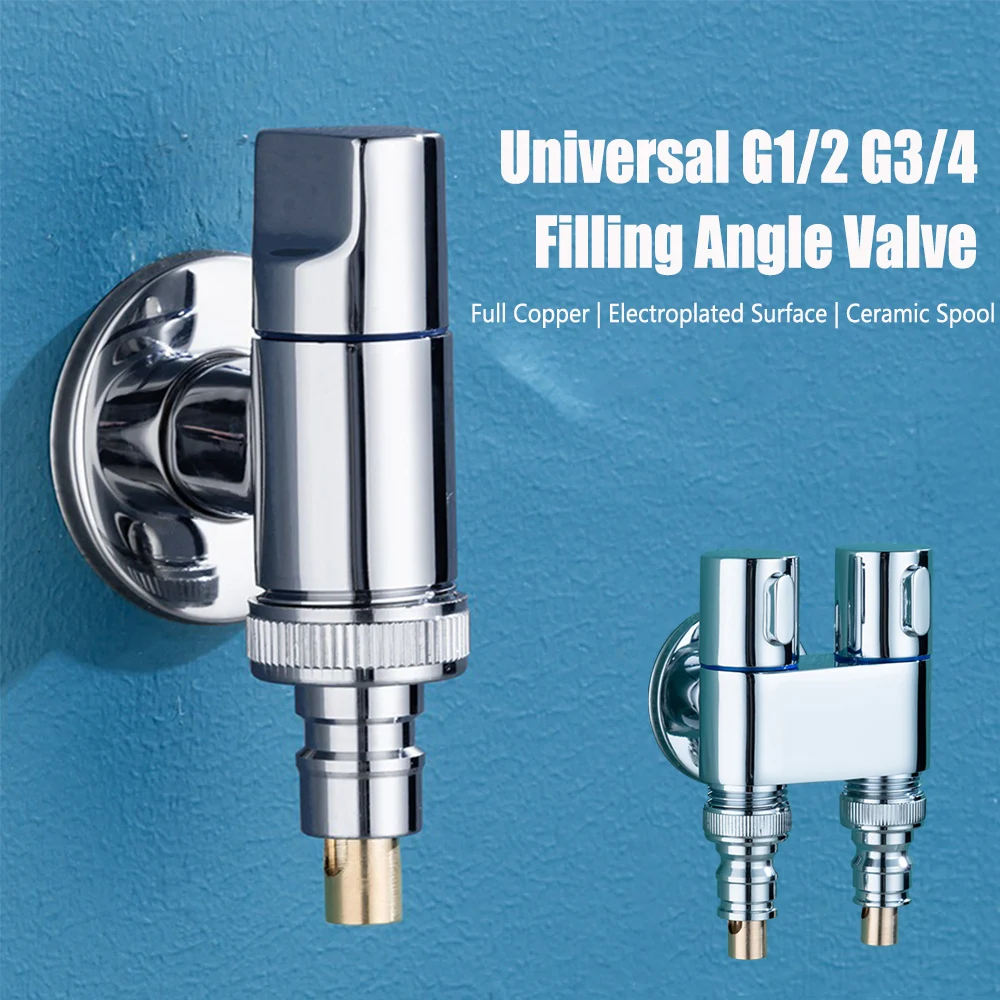 G1/2 G3/4 Copper Filling Angle Valve Washing Machine Kitchen Toilet Sink Control Valves Faucet Converter Bathroom Accessories