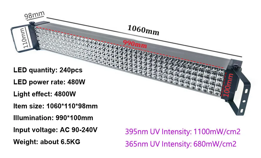 1060mm Length 4800W 365nm 395nm 240LED UV Glue Curing Ultraviolet Silk Screen Curing Drying for LED Inks Blacklight Lamp