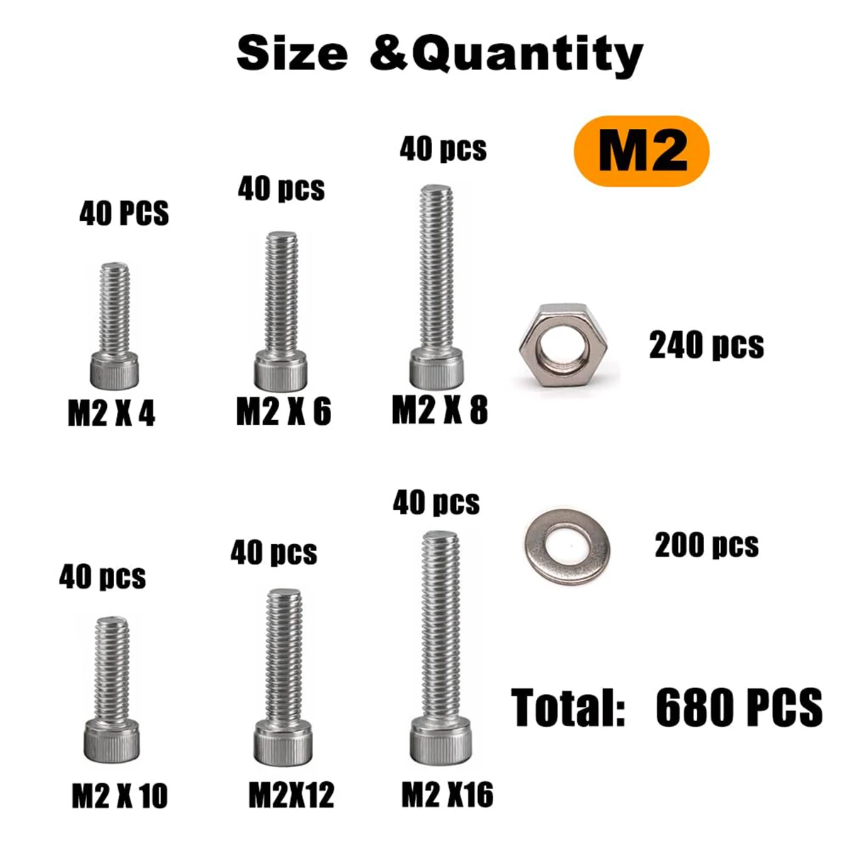 680Pcs M2 Screw Combo Kit Nuts Bolts M2x4-16mm Metric Machine Screw Kit 304 Stainless Steel Hex Head Screws Nut Bolts Washer Set