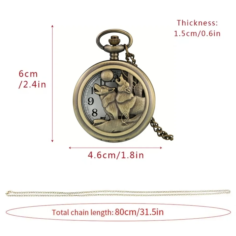 Vintage Bronze Exquisite Cool Wolf Carved Quartz Pocket Watch Necklace Watch Pendant Pocket Watch Unisex Timepiece