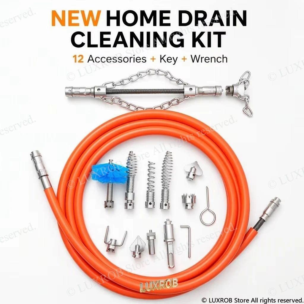 Drain Cleaning Kit 65Mn Steel 13.5mm Thick PE Pipe 12 Accessories 6 Cutter Heads Sewer Pipe Unclogger for Home Kitchen Bathroom