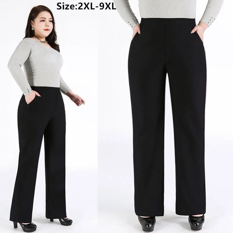 Formal Office Lady Dress Pants Plus Size 5XL 8XL 9XL High Waisted Straight Black Loose Women Stretched Wide Leg Elegant Trousers