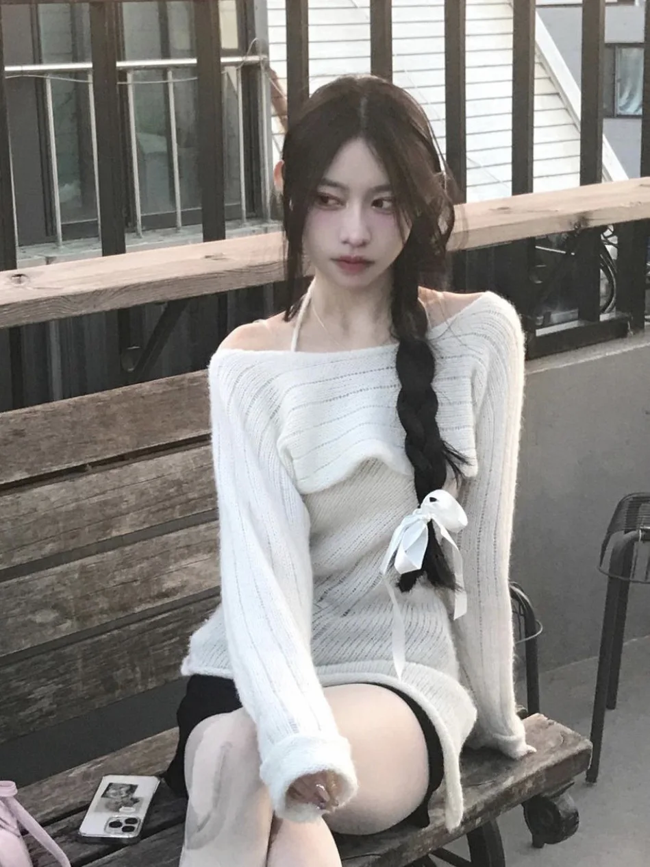 

Белый вязаный жилет из мутоновой шерсти и комплект из двух предметов: женский, весна 2026, новинка, малый размер, ажурный, для повседневной носки, без рукавов