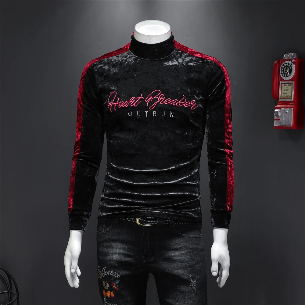 Embroidered Letters High-End Luxury Long Sleeved T Shirt For Men Autumn New Quality Velvet Soft Comfortable Turtleneck Camisetas