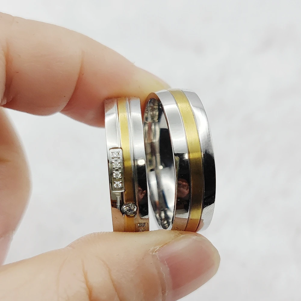 Hypoallergenic His and Hers Matching Pair Wedding Bands Couple Rings For Men and Women Silver Gold Two Tone Bridal Sets
