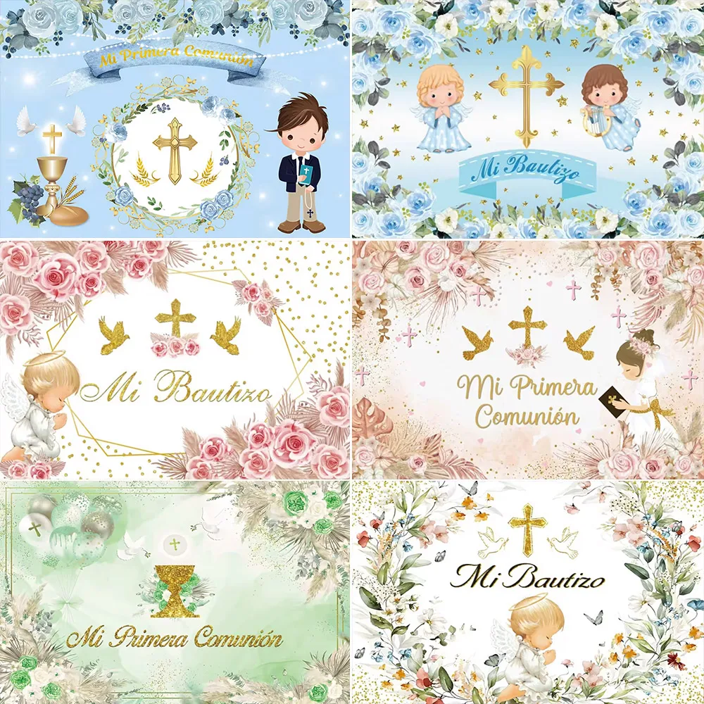 Baptism God Bless Boy Girls Theme My First Communion Background Gold Cross Angel Baby Shower Mi Bautizo Party Decor Supplies