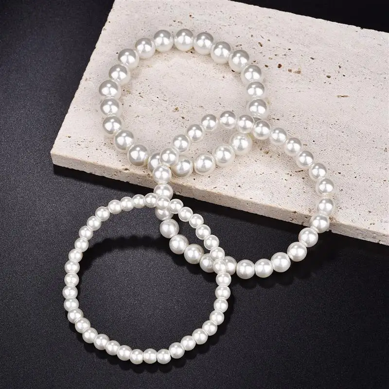 New 6/8/10mm White Glass Pearl Bracelets Handmade Elastic Beads Bracelet For Women Men Fine Jewelry Wedding Gift Wholesale