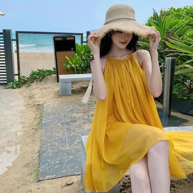 2024 New Fairy Summer Hawaiian Mini Dress Women Yellow One Piece Chic Dresses Elegant Luxury Evening Grunge Gentle Y2K Dress