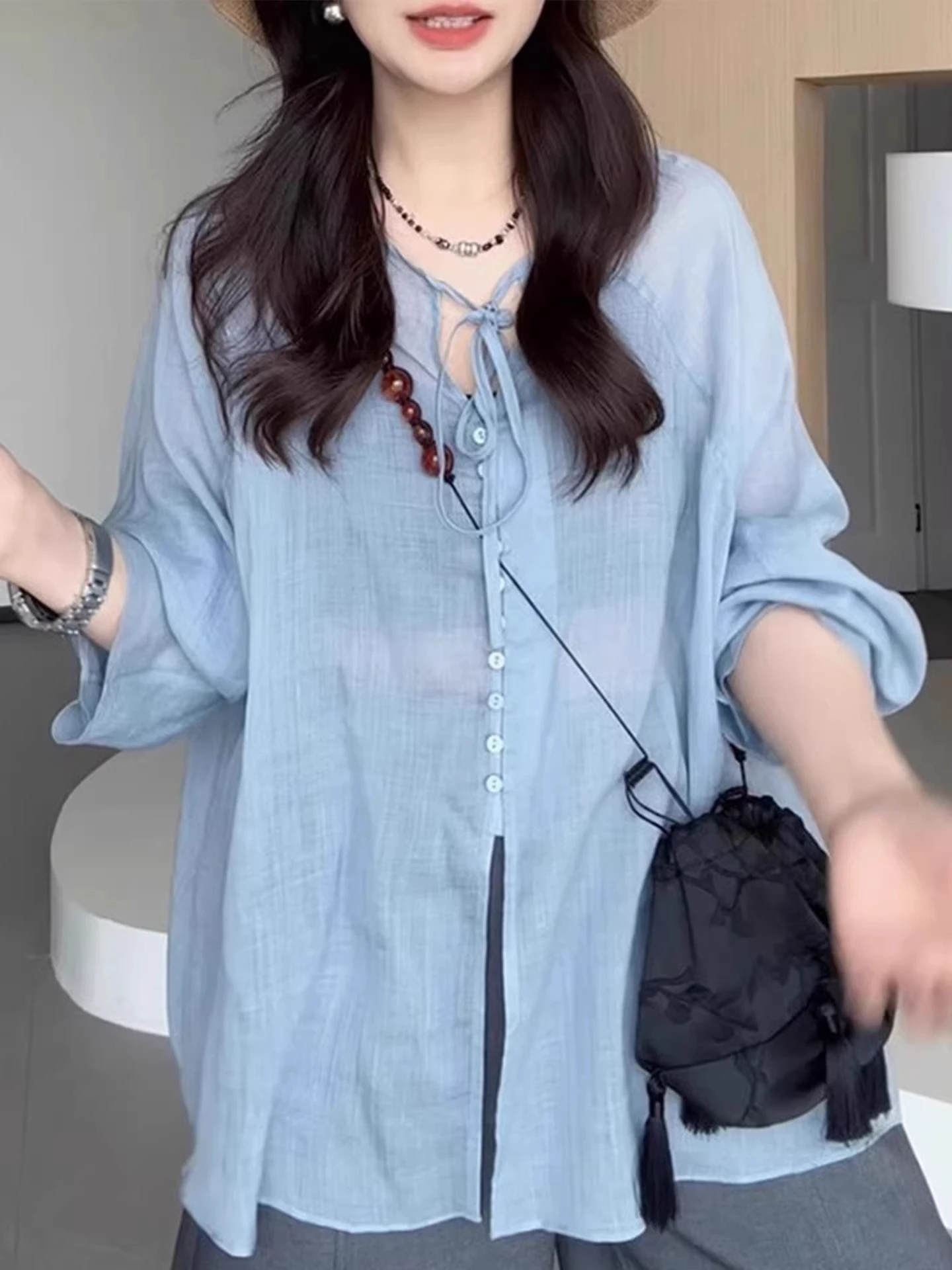 

Blue Lace-Up Linen Lightweight Sunscreen Shirt Women Summer Loose Cardigan Breathable Cover-Up Top French Style Long Sleeve r...