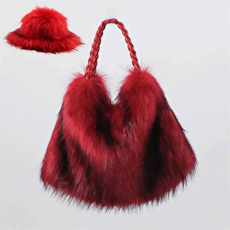 Faux Fur Set Autumn and Winter Women's Hats and Bags Faux Fur Bucket Hat Cow Printed Plush Warm Hat Holiday Bucket Hat