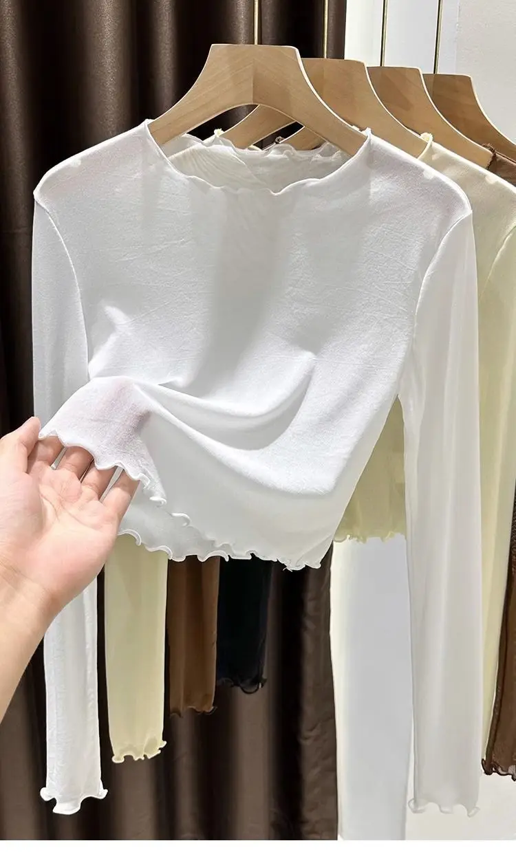 Damen-Oberteil aus kurzem, seidigem Mesh-Stoff, dünne, transparente Sommerbluse mit Rüschen und Spitze, lässiges Innenkleidungsstück, geeignet als Unterhemd oder zum Tragen unter einem Kleid, bietet Sonnenschutz, weiches Oberteil. – Detail 10