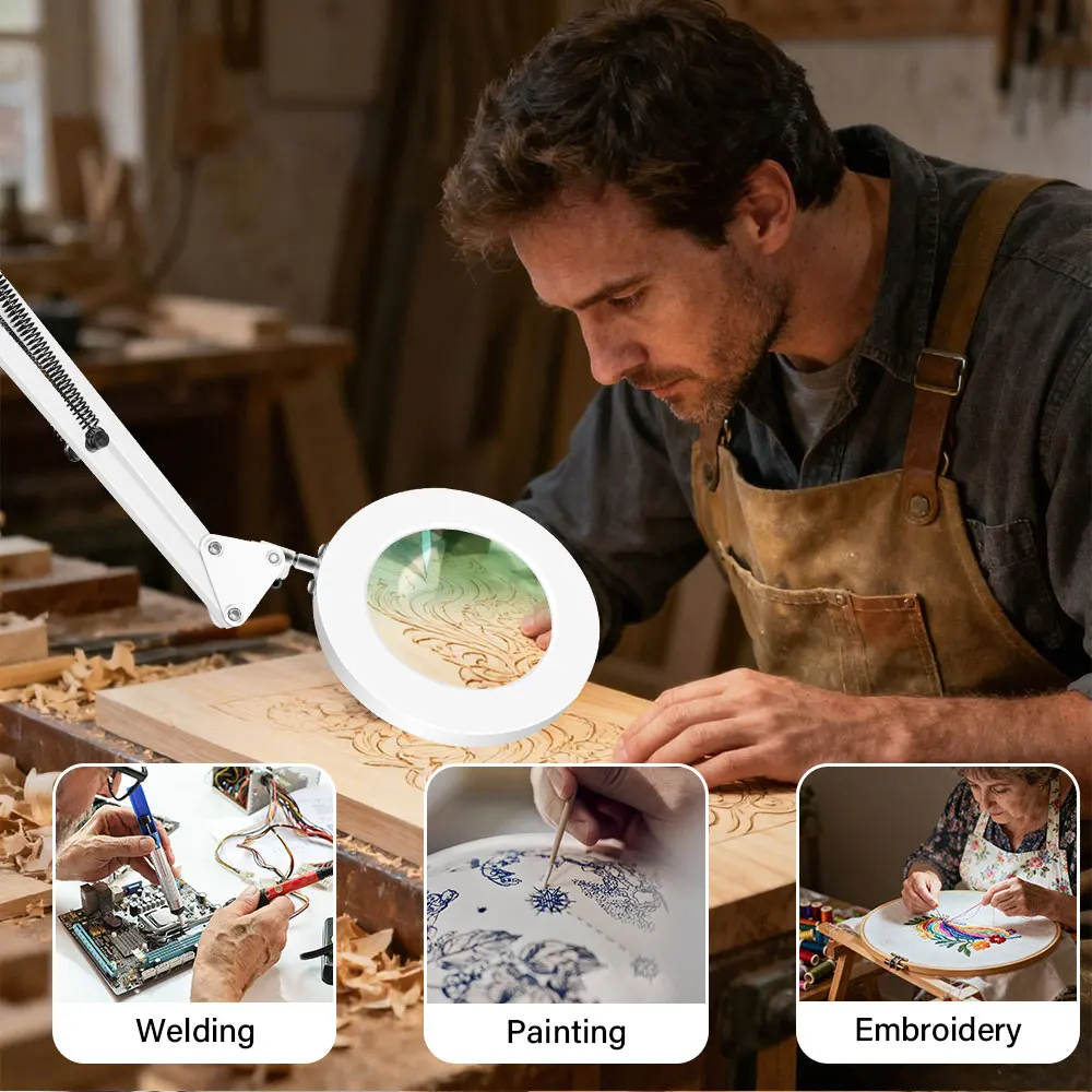 Upgrade 3-Segment folding Magnifying Glass Lamp with 3 Color Adjust LED Lights Reading Table Lamp for Welding Repair Close Work