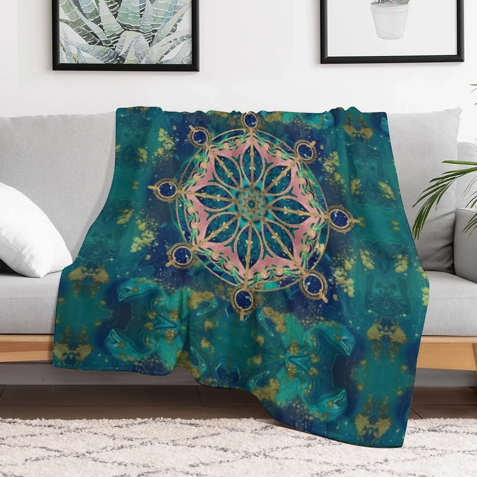 New Dharma Wheel - Dharmachakra Gemstone & Gold Throw Blanket Giant Sofa Quilt Blankets