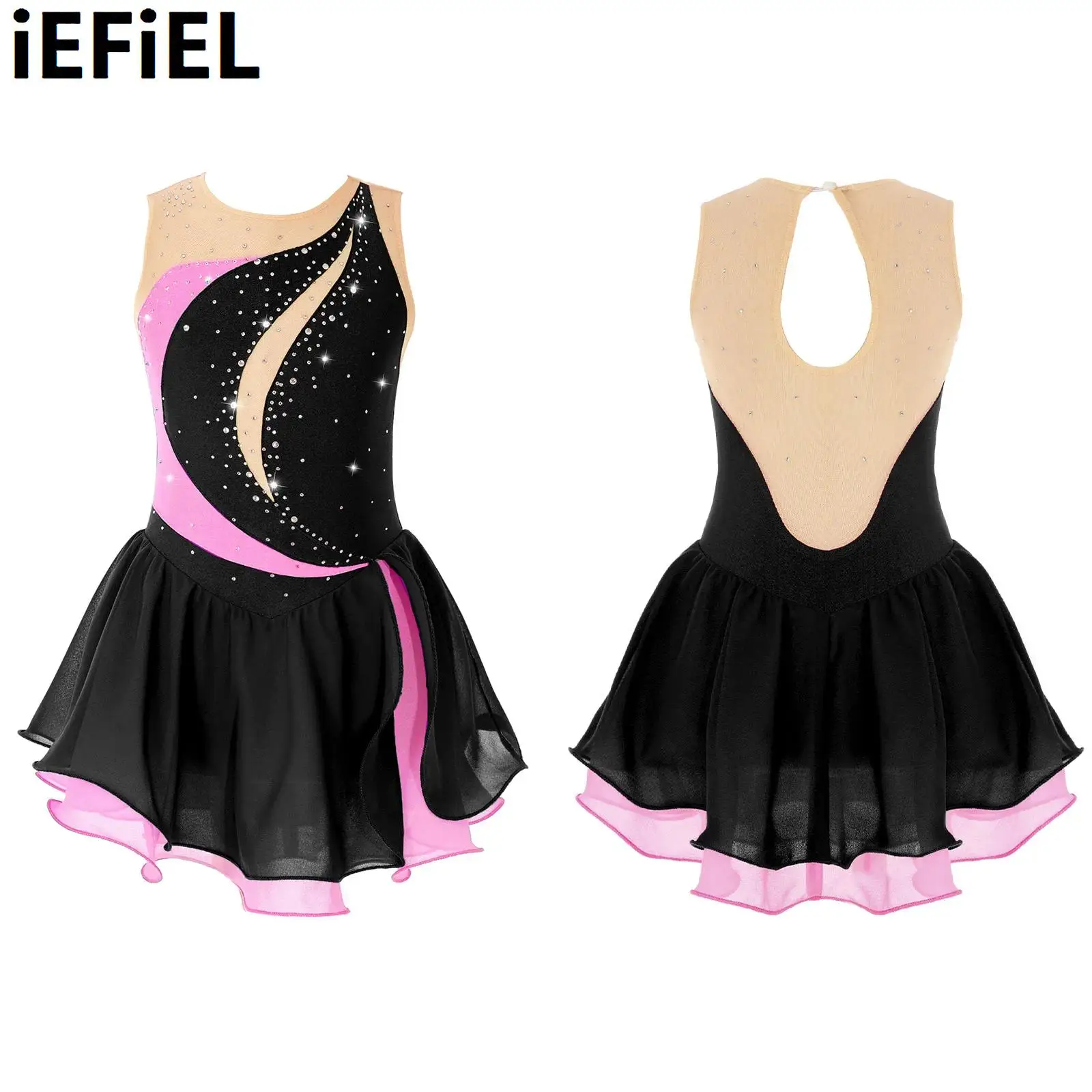 

Kids Girls Patchwork Chiffon Dance Dress Sleeveless Round Collar Shiny Rhinestone Decorated Hollow Back Ruffle Skating Dress