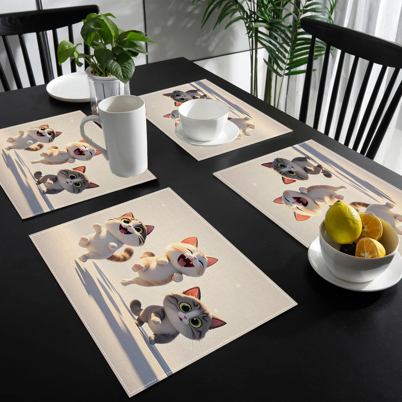 4/6/8pcs Fun Cat Print Linen Placemat, Rectangular Table Mat, Hand Washable, Home Decor Dining Room and Kitchen Mat Set