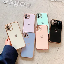 Cute Love Heart Gold Plating Soft TPU Cover for iPhone 16 15 11 12 13 14 Pro 7 8 Plus X Xs Xr Mini SE 2 Airbag Shockproof Case