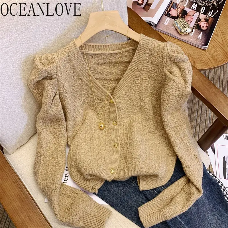 OCEANLOVE Puff Sleeve Autumn Winter Clothes Women Sweaters Solid V Neck Korean Fashion Cardigans Sweet Vintage Ropa De Mujer