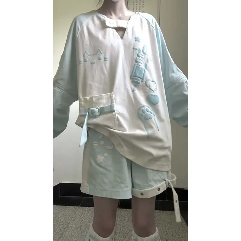 Kawii لطيف الكرتون المطبوعة تيز المرأة طويلة الأكمام هوديي المرأة الخريف فضفاض الأزرق اللون سترة القمم 2025 موضة جديدة معطف الإناث