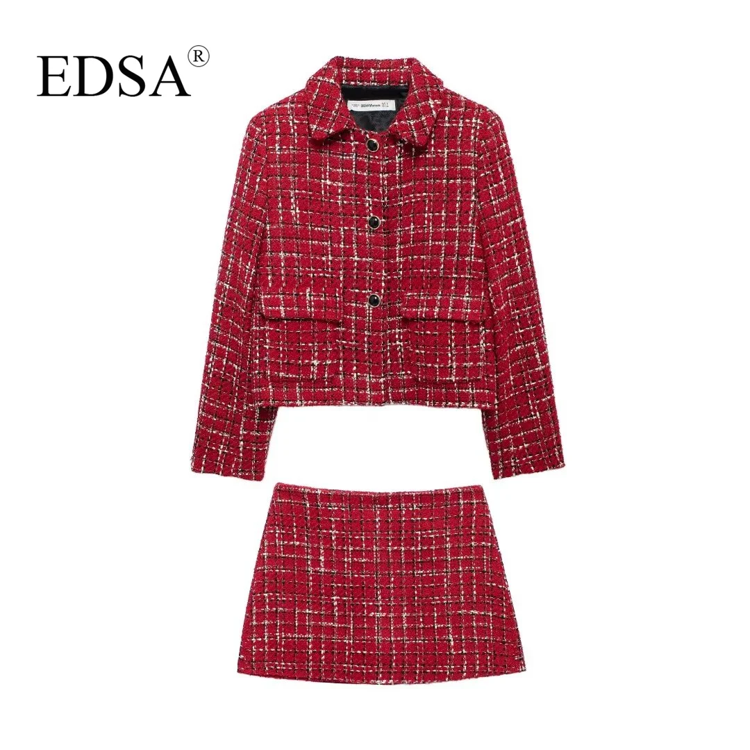 EDSA Women Tweed Skirt Set 2 Pcs Jacket with Shoulder Pads Flap Pockets High Waist Shorts Skirt for Female High Street Suits