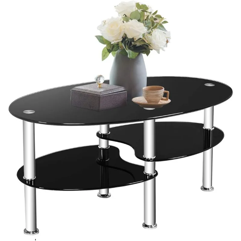 

Glass Coffee Table, 2-Tier Modern Oval Smooth Glass Tea Table End Table for Home Office with 2 Tier Tempered Glass Boards