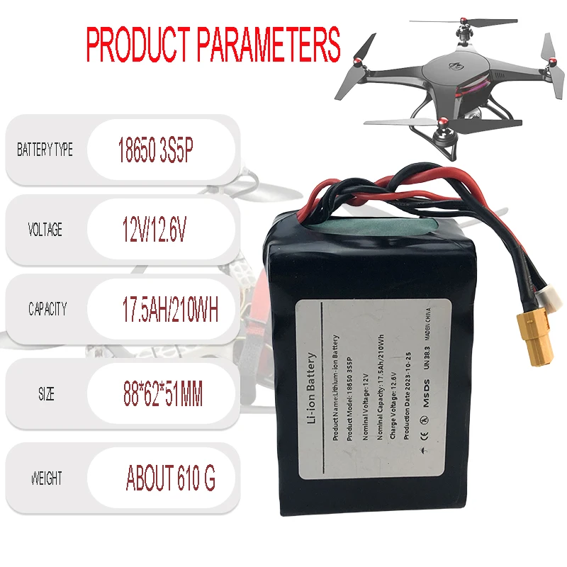 12V 17.5Ah 2026 UAV Rechargeable Li-ion Battery High Capacity 12.6V for RC Airplane Quadrotor XH2.54-4P XT60 3S5P 12V 17.5Ah 202