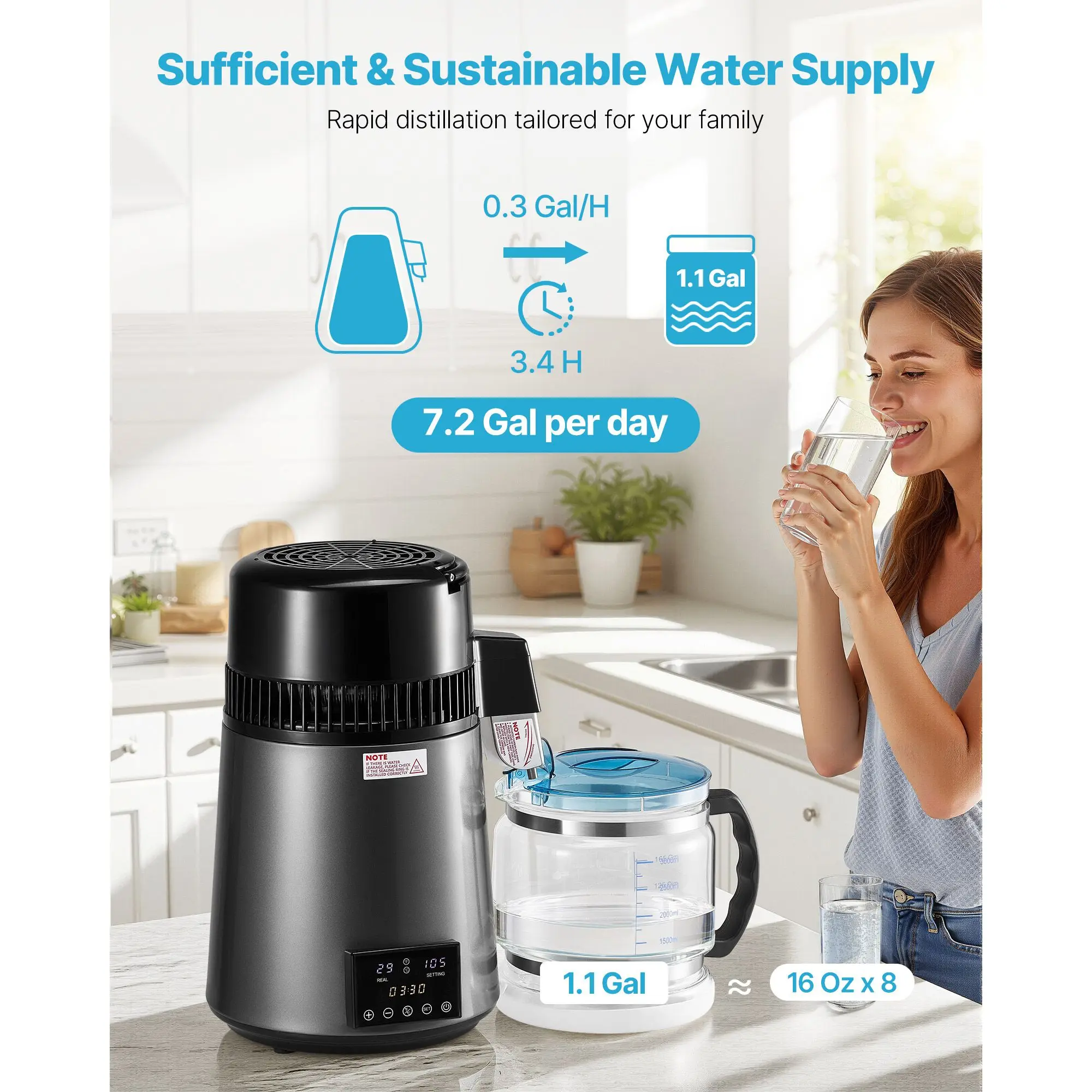 Water Distiller, 4L 1.1 Gallon Pure Purifier Filter For Home Table Countertop, 750W Distilled Maker with Glass Pot, Stainless