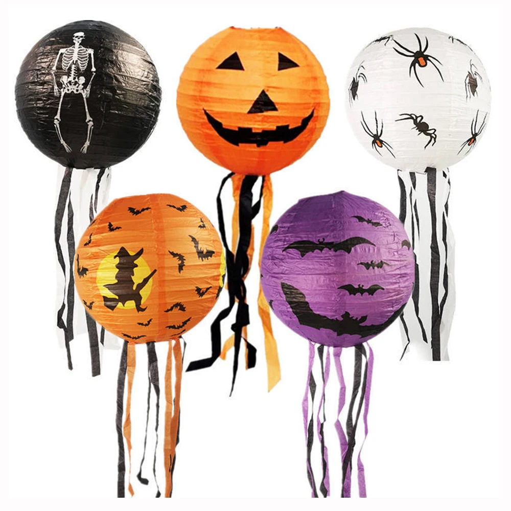 Runtowo 5 Stück 25 cm Halloween-Papierlaternen, Kürbis, Spinne, Fledermaus, Skelettlaterne für Halloween-Party-Dekoration (nicht im Lieferumfang enthalten)