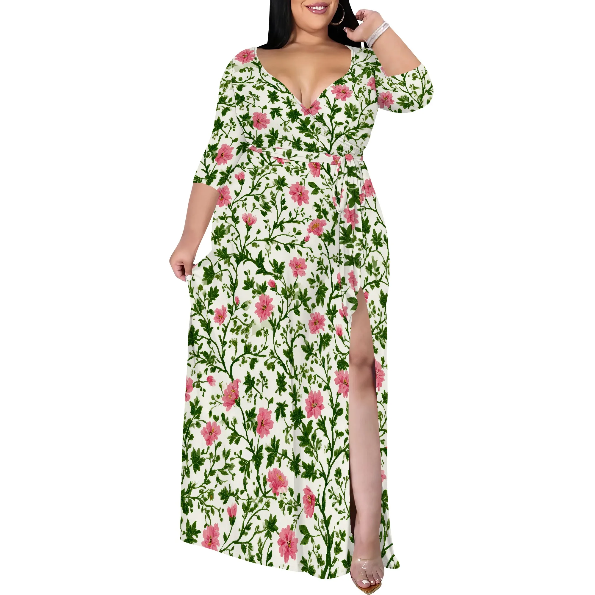 

Women 3/4 Long Sleeve Wrap V Neck Floral Printed Long Maxi Dress Plus Size