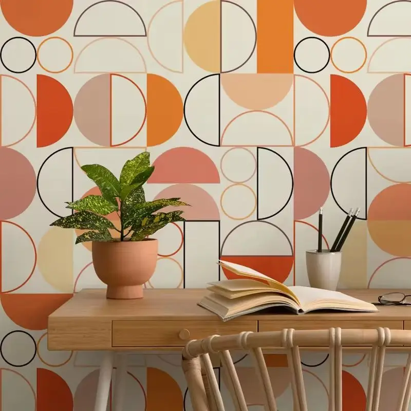 Colorful Geometric Shapes Wallpaper Peel and Stick, Orange Circle Wall Mural For Bedroom Decor, Self-adhesive Or Tradition Paper