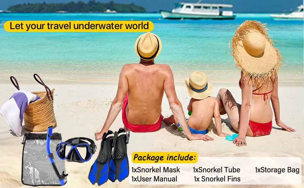Maskenflossen-Schnorchelset, Schnorchelausrüstung für Erwachsene mit Panoramablick, Antibeschlagmaske, Trek-Flossen, Trockenoberteil, Schnorchel und Ausrüstungstasche – Detail 5