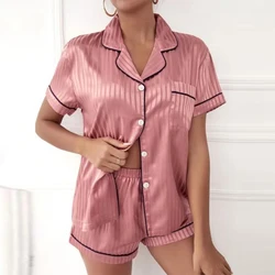 Women Sexy Simulated Silk Pajamas Suit Casual Homewear Short Sleeve Button Pajamas Set Summer New Pinstripe Print Sleepwear 2Pcs