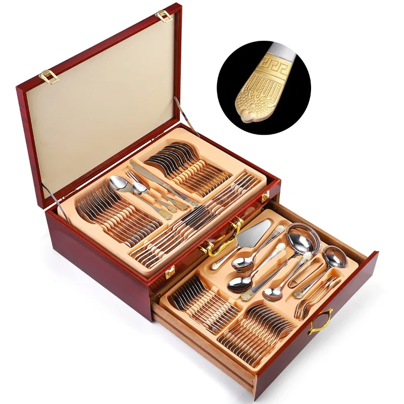 Stainless steel tableware 72/84 piece set with gold-plated crown steak knife, fork, spoon set