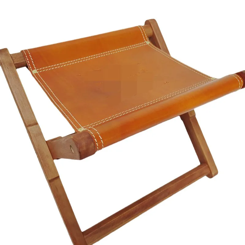 Household top layer cowhide vintage wood folding stool