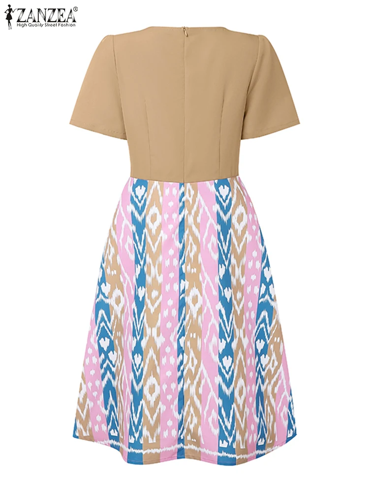 ZANZEA Women Ikat Print Patchwork Dresses Summer O-Neck Short Sleeve Knee-Length Robes Femme Elegant Fashion A-line Vestidos