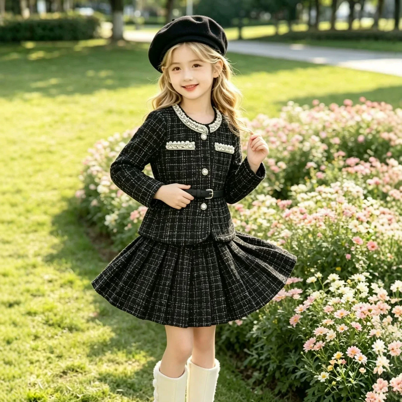 Autumn Children Girls 2PCS Clothes Set RAISE 3-8Yrs Kids Girls Shiny Coat with Belt Suits Ltoddler Girls Pleated Skirts Outfits 3