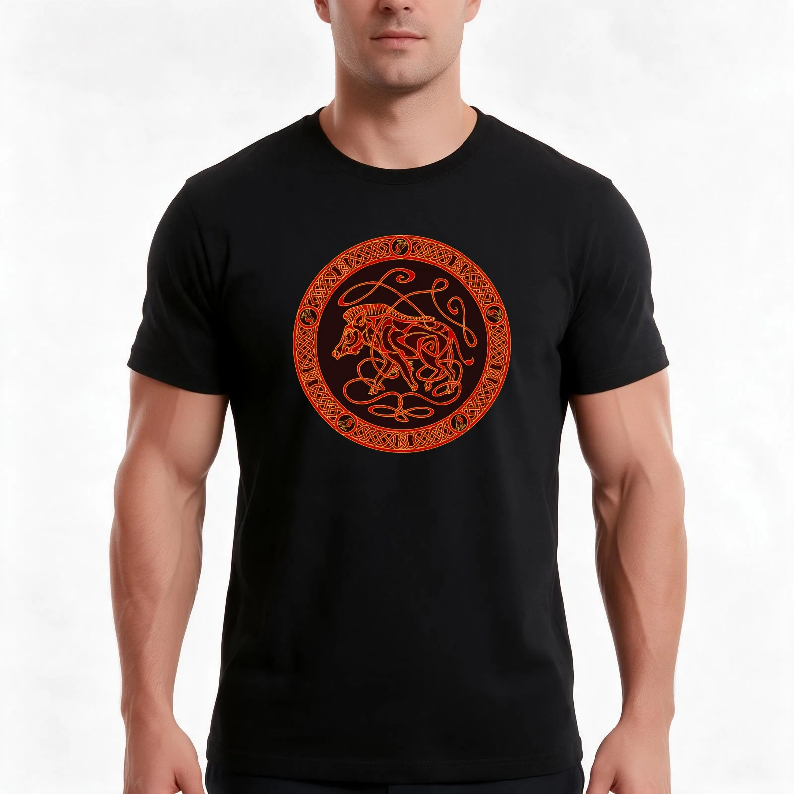 Celtic knotwork boar - red and gold T-Shirt, Summer Casual Cotton Tee, Oversized Streetwear Tops, Vintage Graphic Print