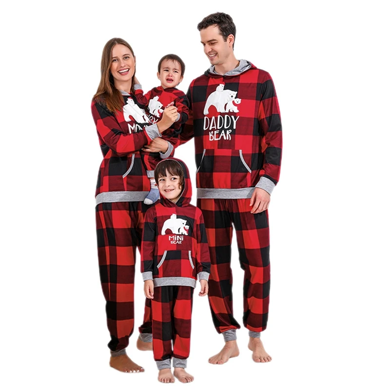 Christmas Family Matching Tracksuits Adult Kids Bear Print Plaid Pullover Hoodie Sweatshirt and Casual Sweatpants