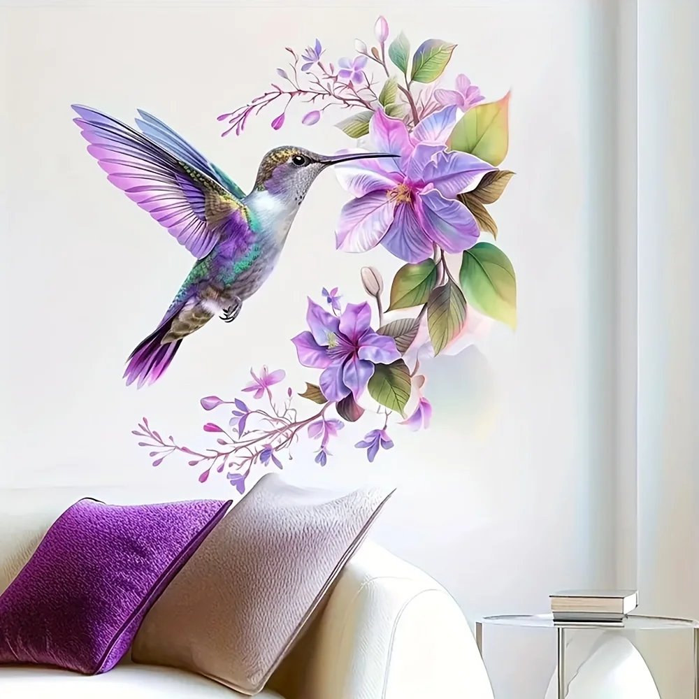 1 Purple Flower and Hummingbird Sticker, Removable Self-Adhesive Wall Decal, Suitable for Room Bedroom Wall Background Stickers view 4
