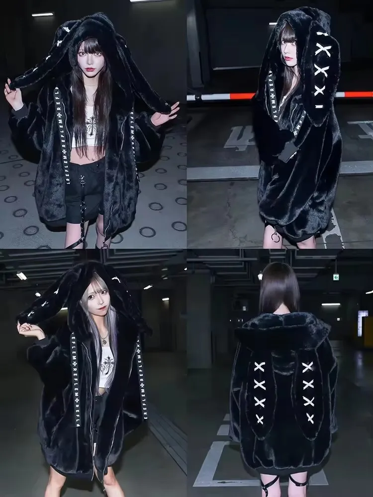 Mauroicardi Winter Sweet Cute Kawaii Thick Warm White Faux Fur Coat Women with Bunny Ears Zipper Black Fluffy Jacket Hoodie 2025