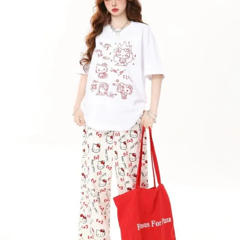 Sanriohello Kitty Cute Kt Cat Print Short-Sleeved T-Shirt for Women In Summer New Sweet Cool Loose Lazy Style T-Shirt Top Ins