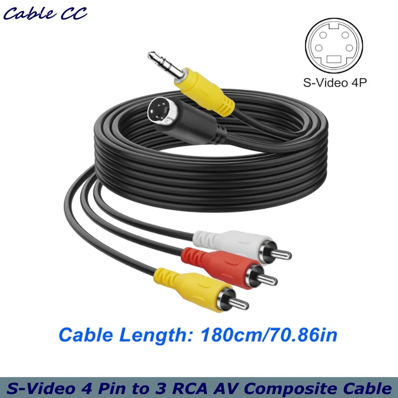 S-Video 4 Pin to 3 RCA AV Composite Cable with 3.5mm TRS Plug, (1/8 inch) TRS Male Stereo Audio Video Cable PC to TV (1.8M)