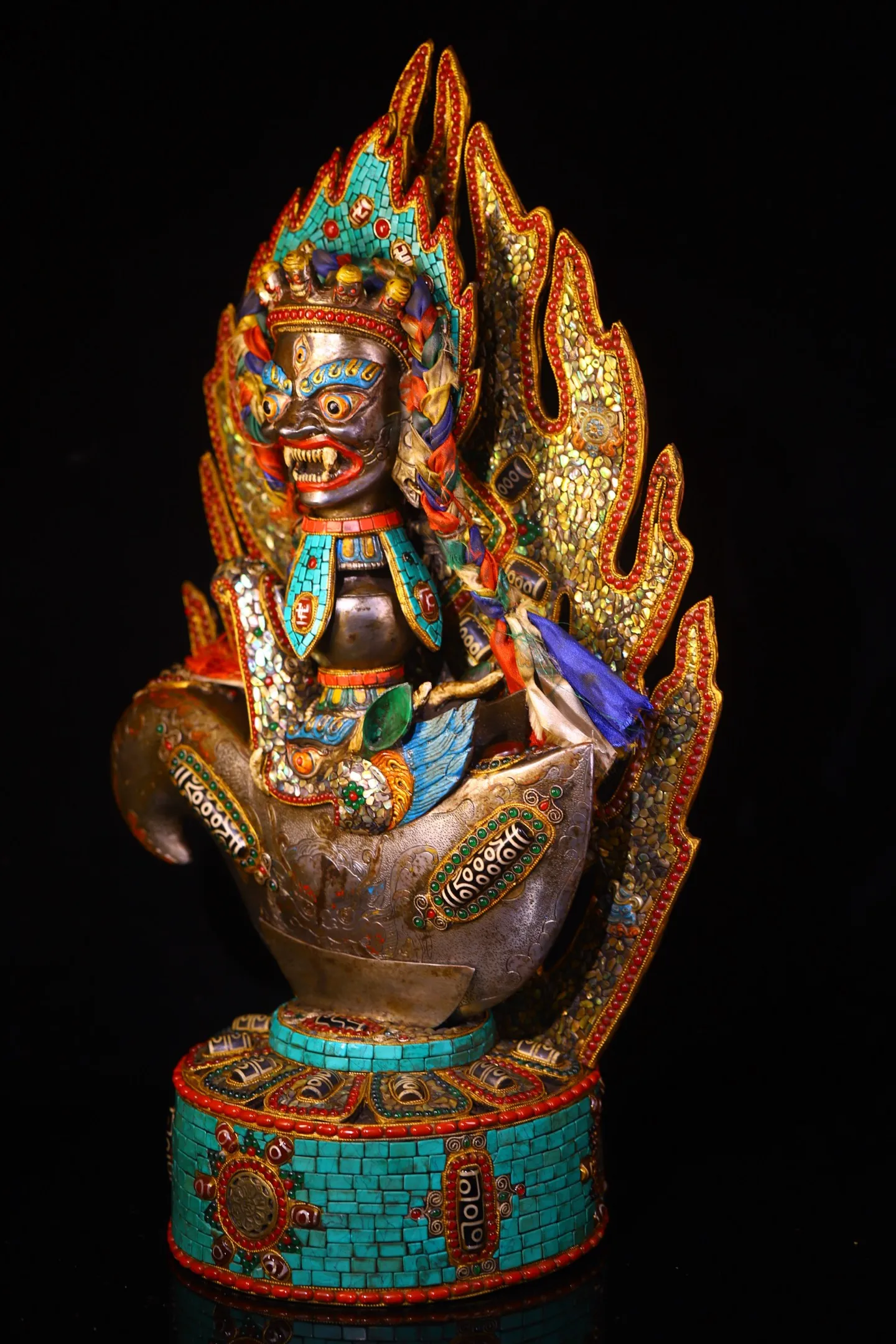23Tiantie Painted Mosaic Gem gZi Beads Turquoise Shell Mahakala Buddha Vajra Tomahawk Buddhist Niche Backlight Base Worship Hall