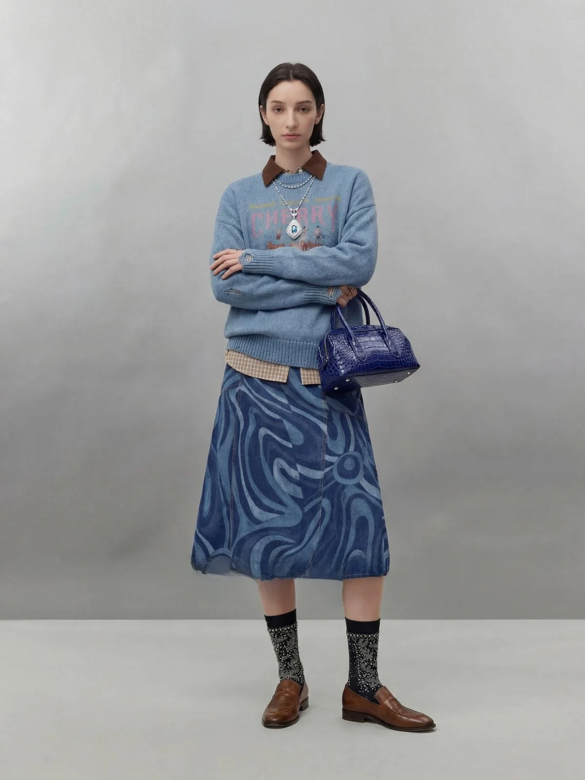 

Синий свитер с круглым вырезом, женский, свободного кроя, в повседневном стиле, вязаный топ, весна 2026, новинка DGU×LAB Double Gun Mazi