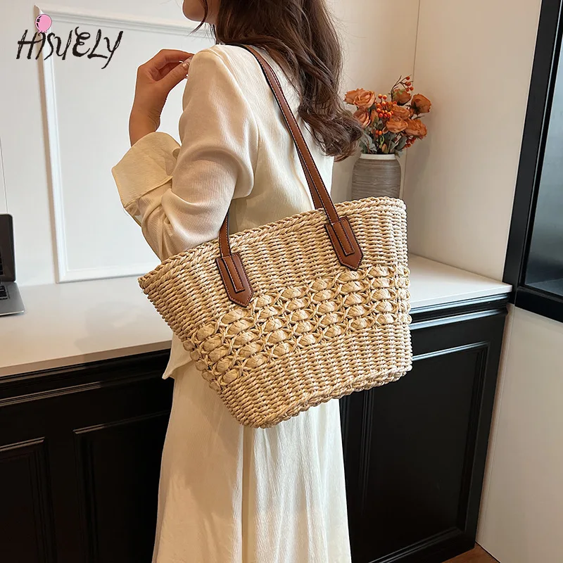 

Women's Straw Shoulder Bag 2025 Large Rattan Crochet Woven Totes Summer Travel Beach Handbag Hollow Handmade Top Handle Purse