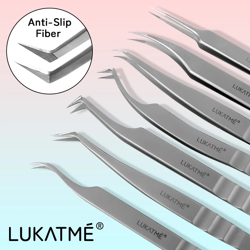 Pinça para Cílios LUKATME com Ponta de Fibra Antiderrapante, Ferramentas de Extensão de Cílios em Aço Inoxidável, Pinça Profissional de Precisão para Maquiagem